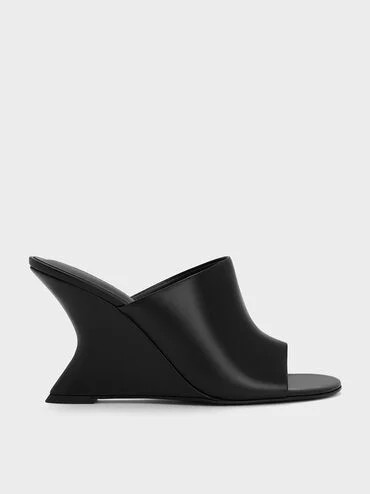 Black Wide-Strap Sculptural-Heel Wedges | CHARLES & KEITH | Charles & Keith US