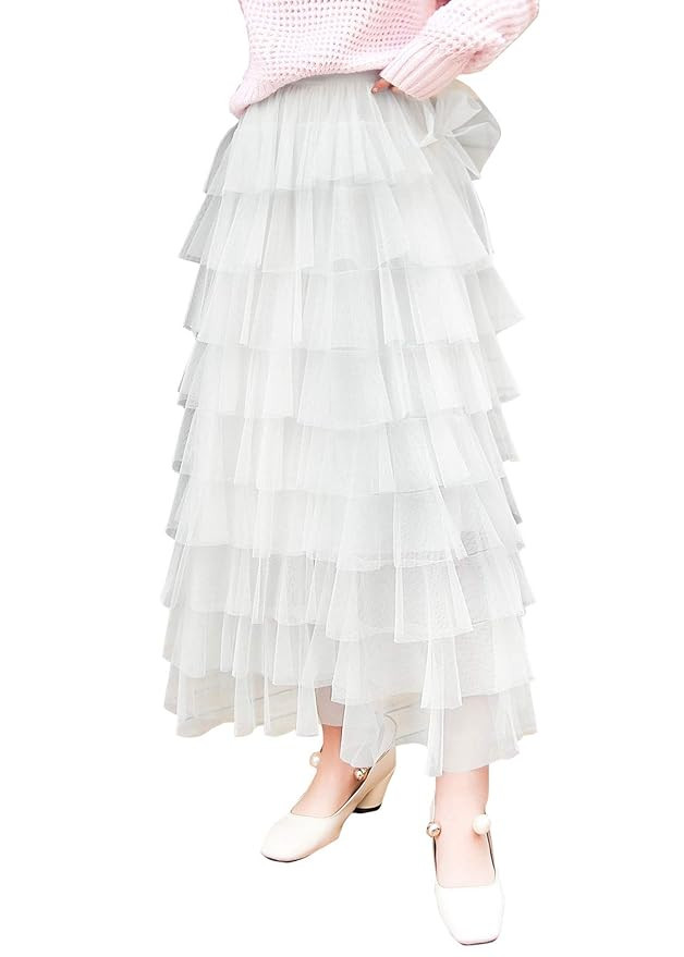Itemnew Women's Sweet Elastic Waist Tulle Layered Ruffles Mesh Long Tiered Skirt | Amazon (US)