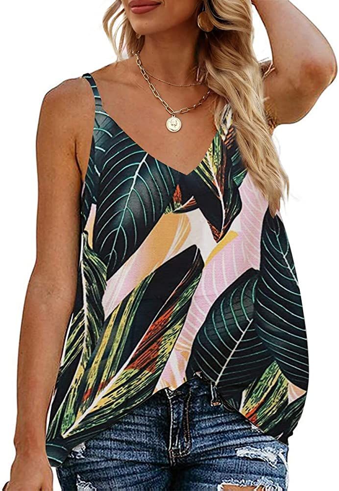 TECREW Women's Boho Floral V Neck Spaghetti Straps Tank Top Summer Sleeveless Shirts Blouse | Amazon (US)