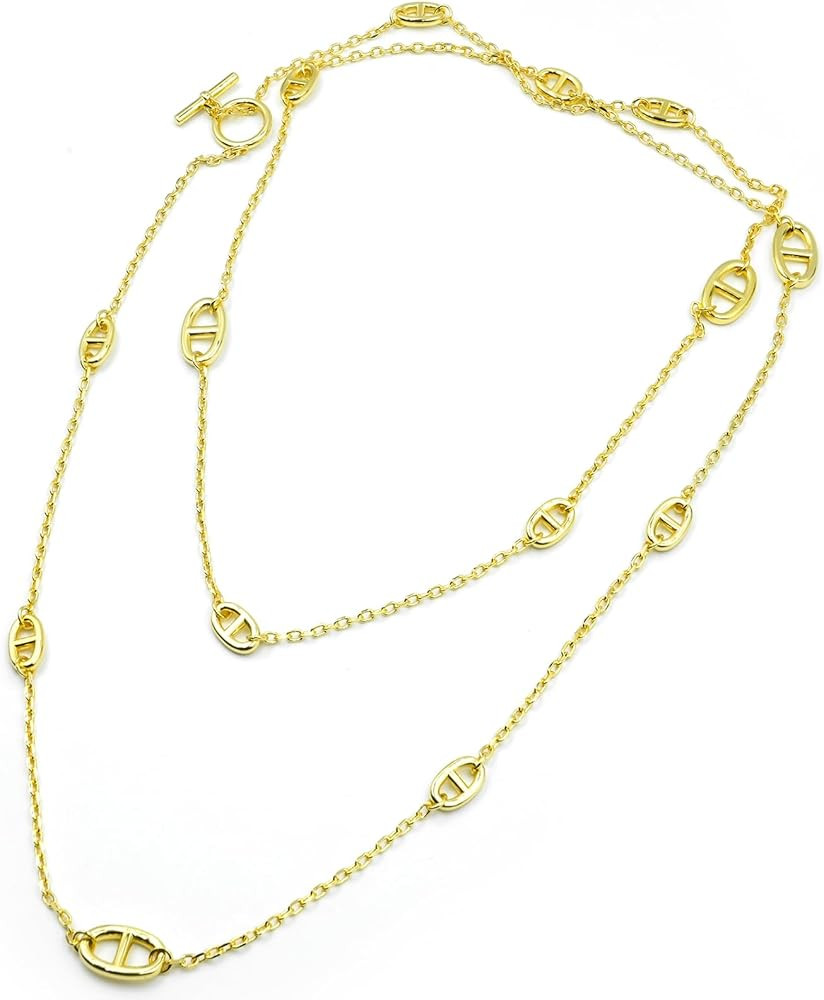 Amazon.com: SHASHA Luxury Style Designer Pig Nose Necklace Long Sweater Chain with T-buckle 18k G... | Amazon (US)