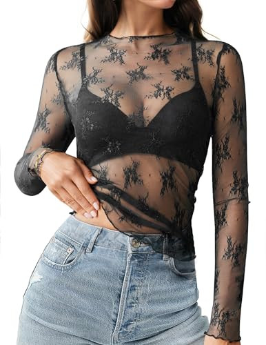 HOTOUCH Women's Mesh Sheer Tops Long Sleeve Layering Top Mock Neck See Through Floral Lace Shirt ... | Amazon (US)
