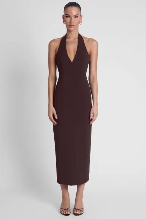 LEAU Helena Halter Midi Dress in Brown at Nordstrom, Size Large | Nordstrom