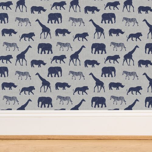 Safari animals - blue on grey - elephant, giraffe, rhino, zebra Wallpaper bylittlearrowdesign | Spoonflower