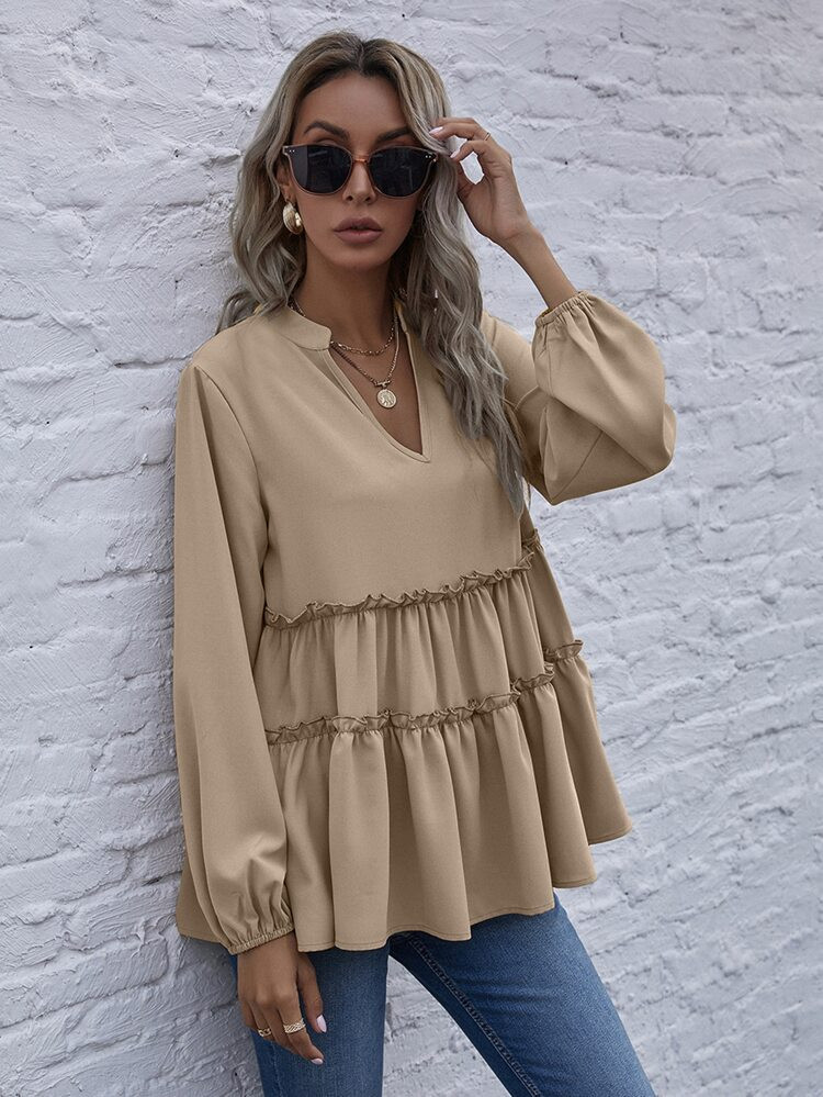 Notched Neck Frill Trim Peplum Blouse | SHEIN