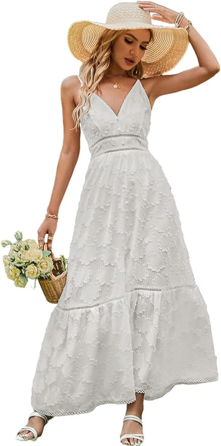 BerryGo Women's Embroidery Pearl Button Down Dress V Neck Spaghetti Strap Maxi Dress | Amazon (US)