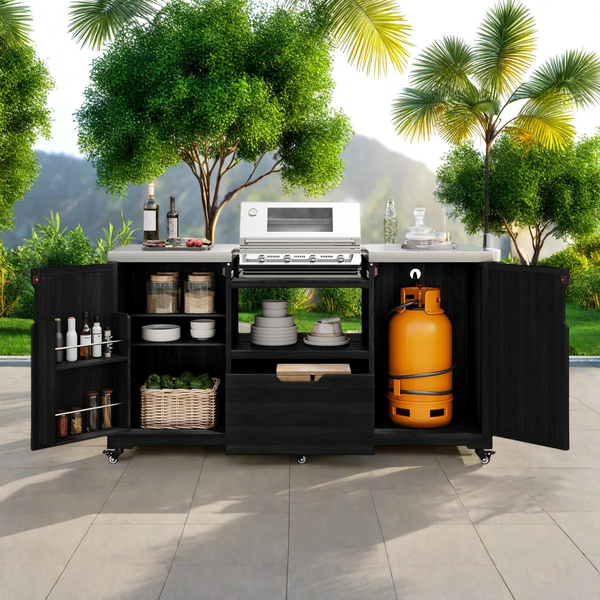 Outdoor Kitchen Island With Stainless Steel Top, Drawer And 2 Cabinets | Wayfair North America