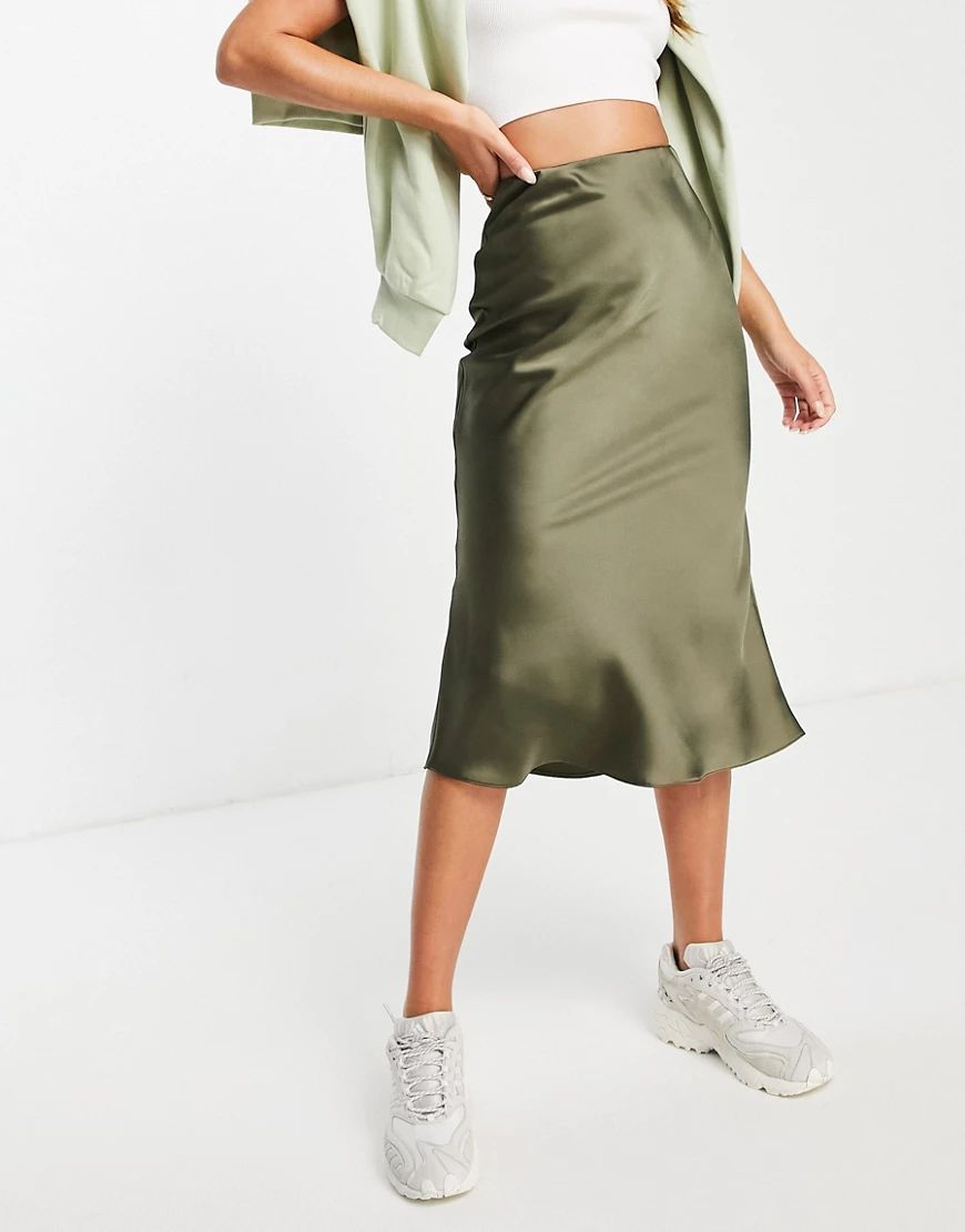 Miss Selfridge bias cut satin midi skirt in khaki-Green | ASOS (Global)