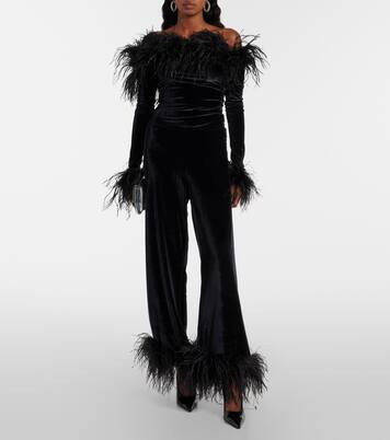 Feather-trimmed velvet wide-leg pants | Mytheresa (US/CA)