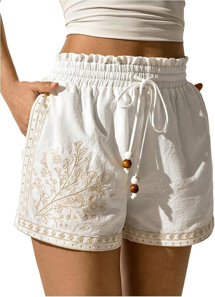WDIRARA Women's Boho Embroidery Ruffle Mini Shorts Beaded Vacation Shorts with Pockets | Amazon (US)