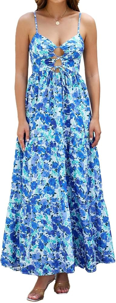 Women Floral Maxi Dress Tie Front Cut Out Backless Boho Spaghetti Strap Summer Beach Sundress | Amazon (US)