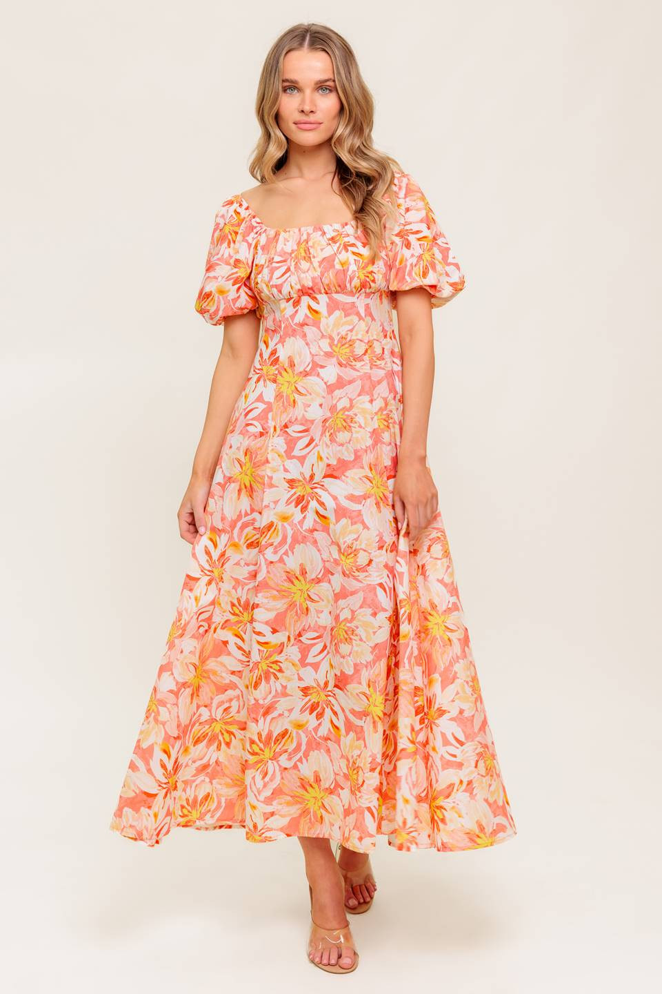 ISLAND FLOWERS PUFF SLEEVE MIDI DRESS - CORAL - FINAL SALE | Lady Black Tie