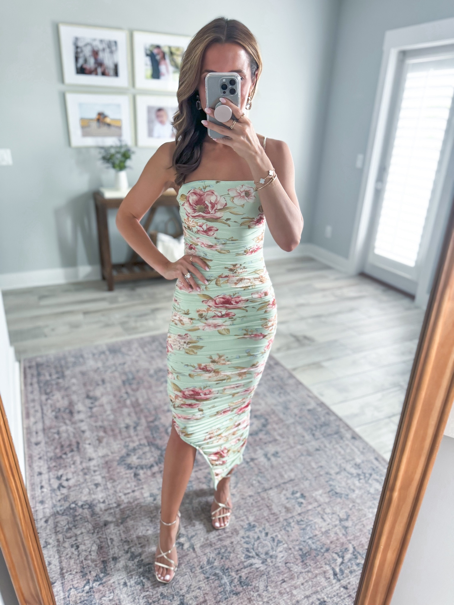 Spring wedding guest in XS. Summer wedding guest. Party dress. Garden wedding. Cocktail dress. Floral midi dress. Ruched dress. Baby shower dress. Wedding shower dress. Fabric has stretch to it and adjustable straps. Heels are TTS. 

#LTKParties #LTKTravel #LTKWedding