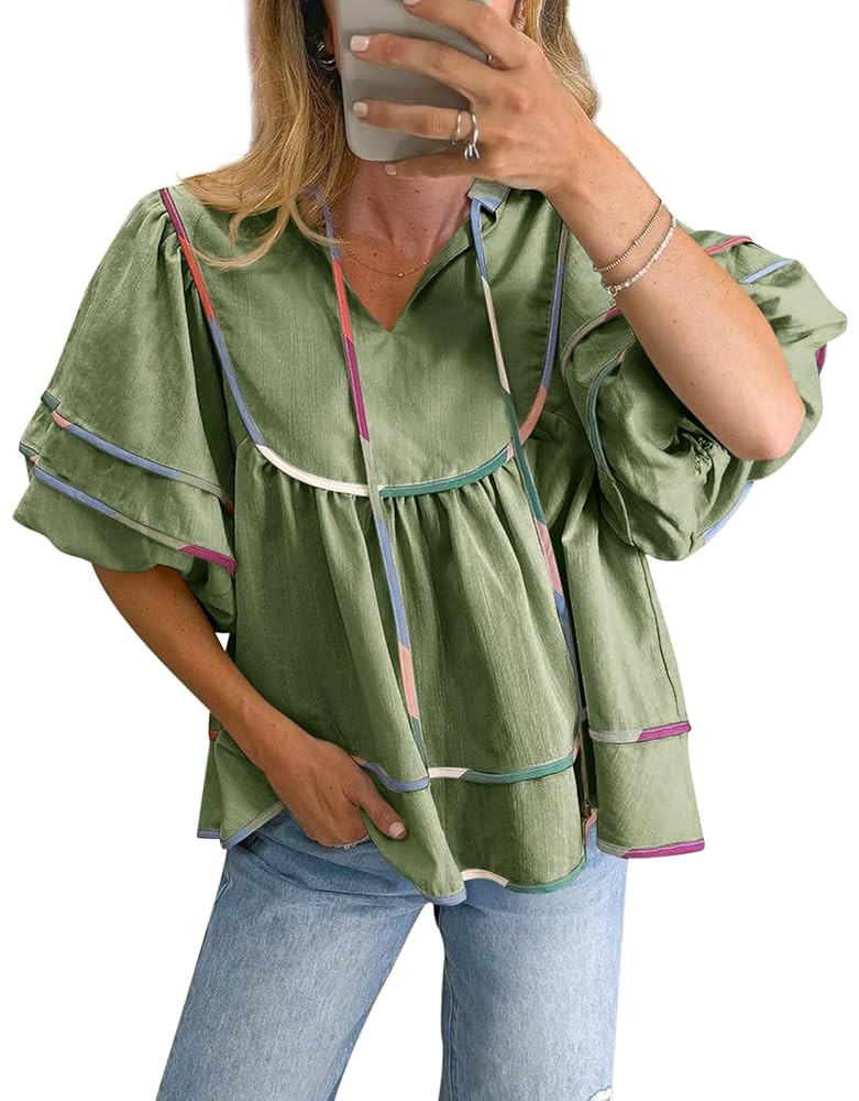 Cicy Bell Womens Summer Babydoll Tops V Neck Short Lantern Sleeve Shirts Cute Loose Fit Peplum Fl... | Amazon (US)
