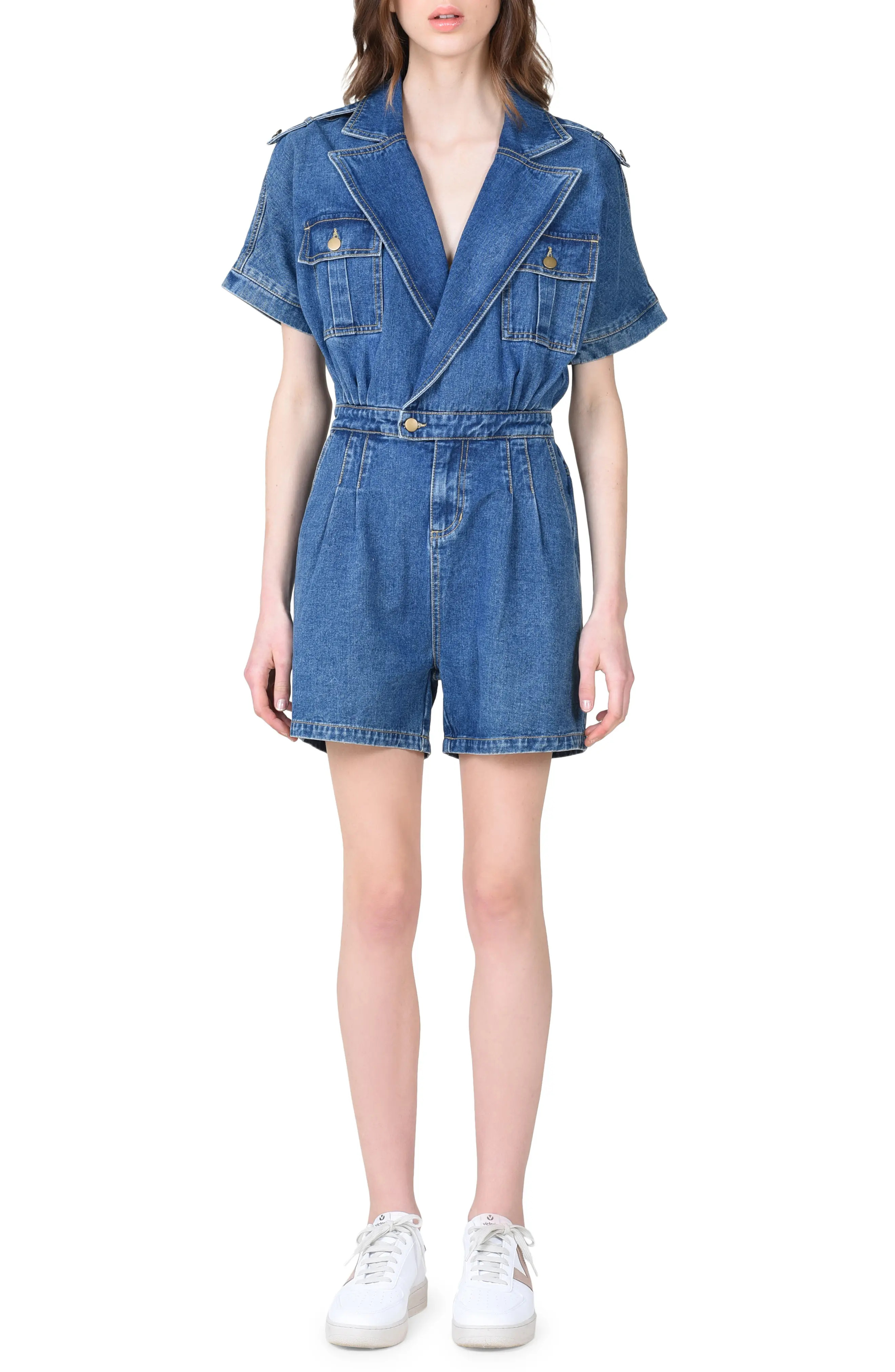 Women's Molly Bracken Short Sleeve Denim Romper, Size Small - Blue | Nordstrom