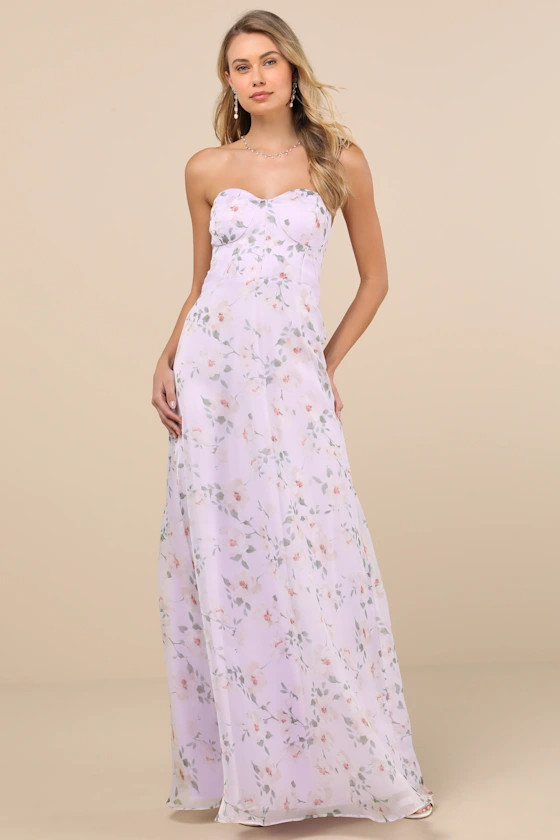 Chic Preciousness Lavender Floral Organza Bustier Maxi Dress | Lulus