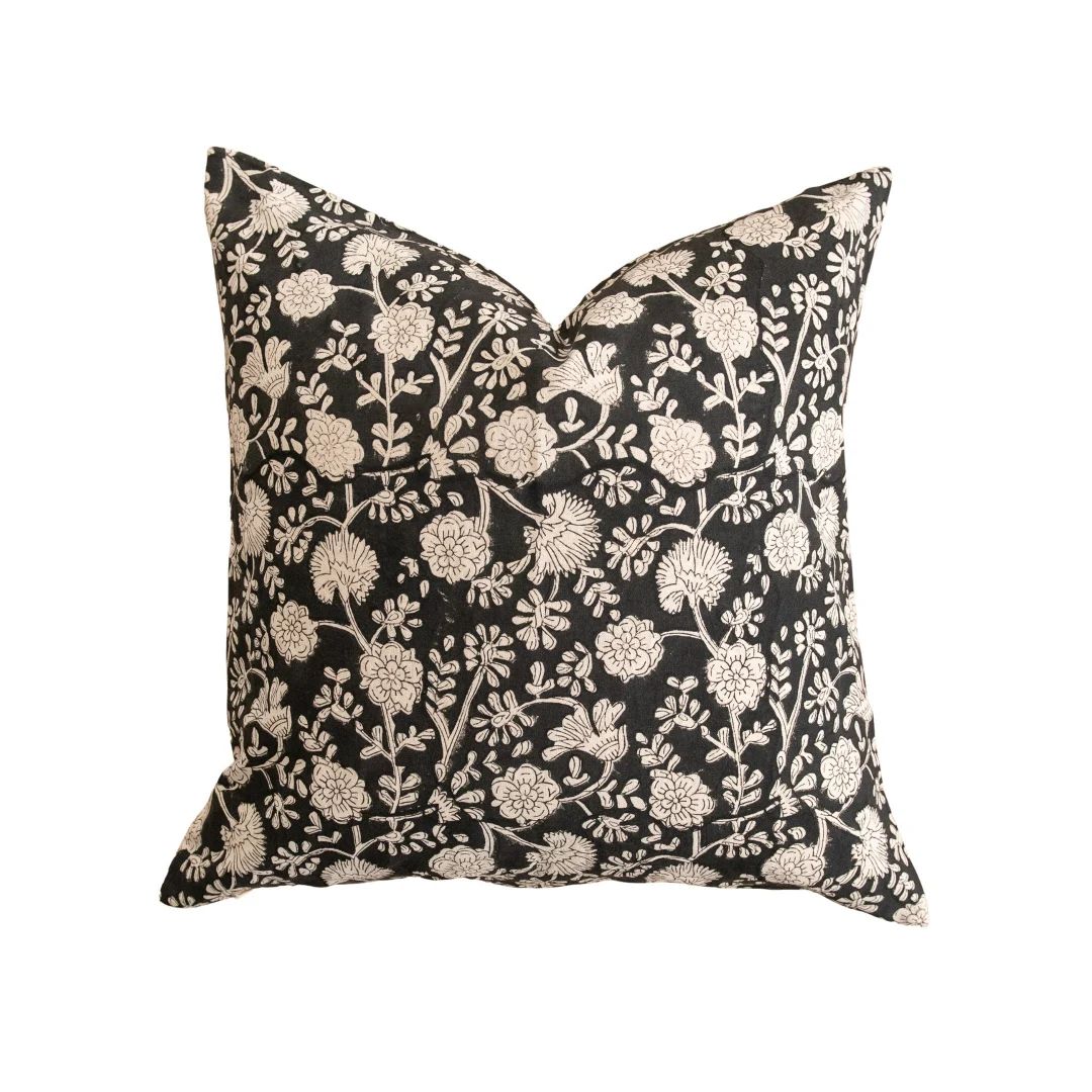 Black Floral Pillow Cover | Block Print Pillow | Decorative Throw Pillow | 20x20 | 22x22 | Warm N... | Etsy (US)