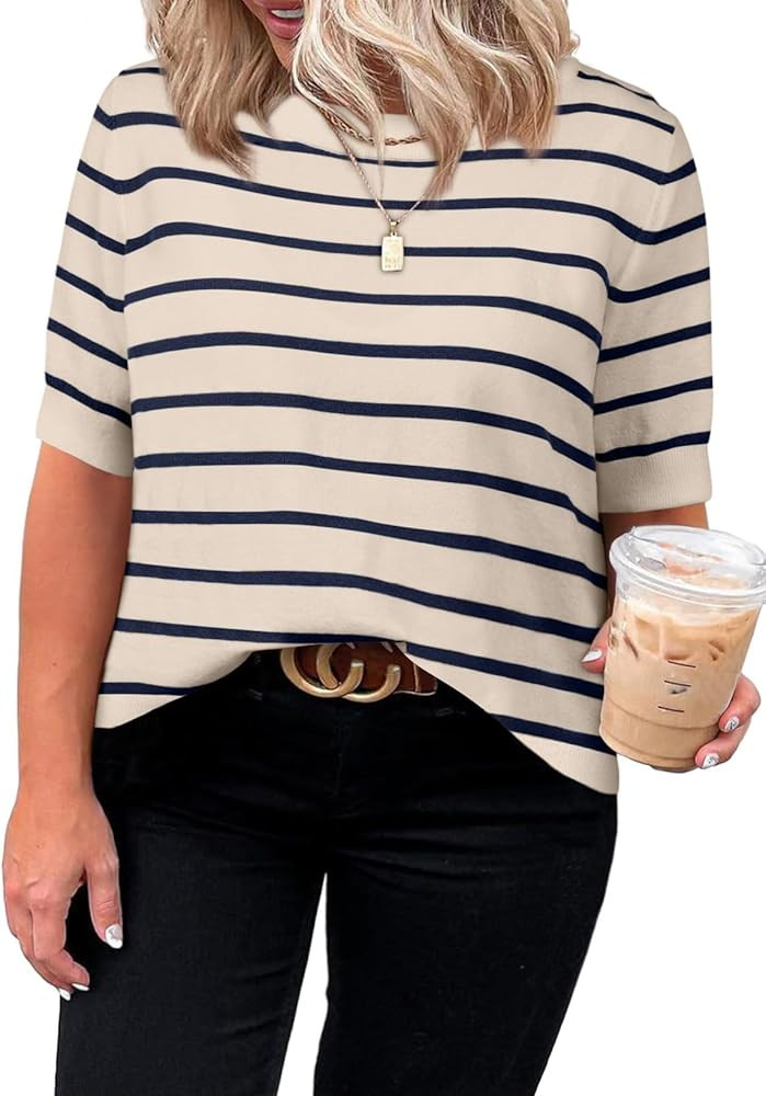 Eytino Women Plus Size Sweater Tops Short Sleeve Crewneck Striped Tshirts Casual Summer Blouses S... | Amazon (US)