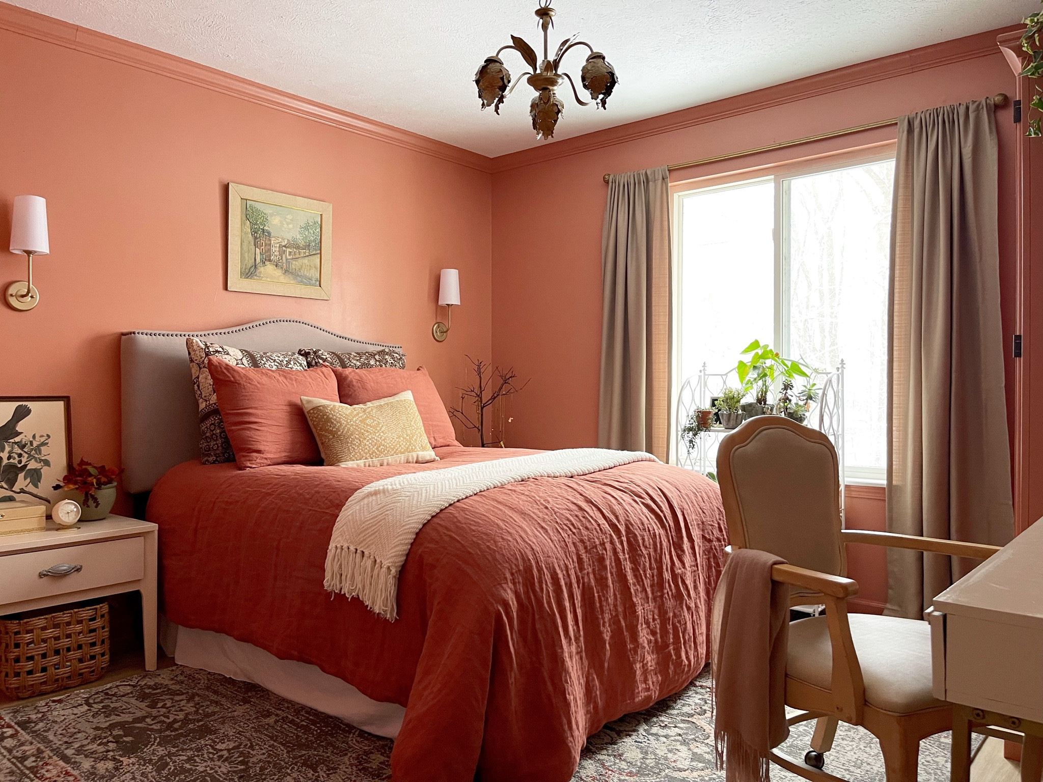 Parisian boho bedroom, vintage chairs, French country, bedding, upholstered headboard, modern lighting, curtains, throw pillows, vintage art, 

#LTKStyleTip #LTKFindsUnder50 #LTKHome