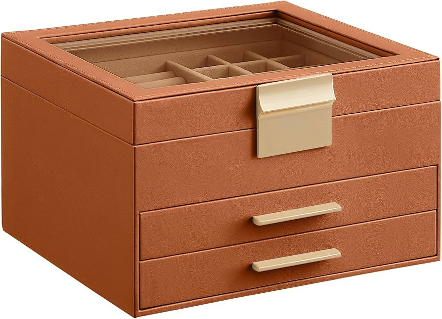 SONGMICS Jewelry Box Organizer with Glass Lid, 3-Layer Jewelry Storage, with 2 Drawers, Modern St... | Amazon (US)