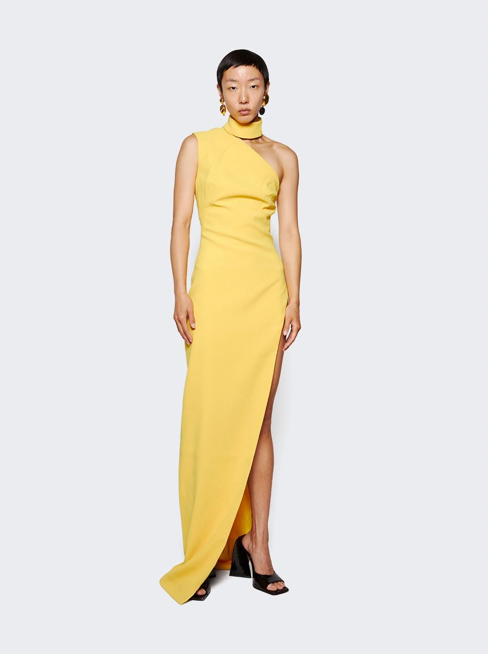 Asymmetrical High Neck Shoulder Dress Yellow | The Webster