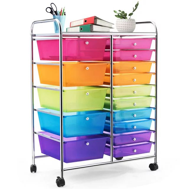 Costway 15 Drawer Rolling Storage Cart Tools Scrapbook Paper Office School Organizer Colorful | Walmart (US)