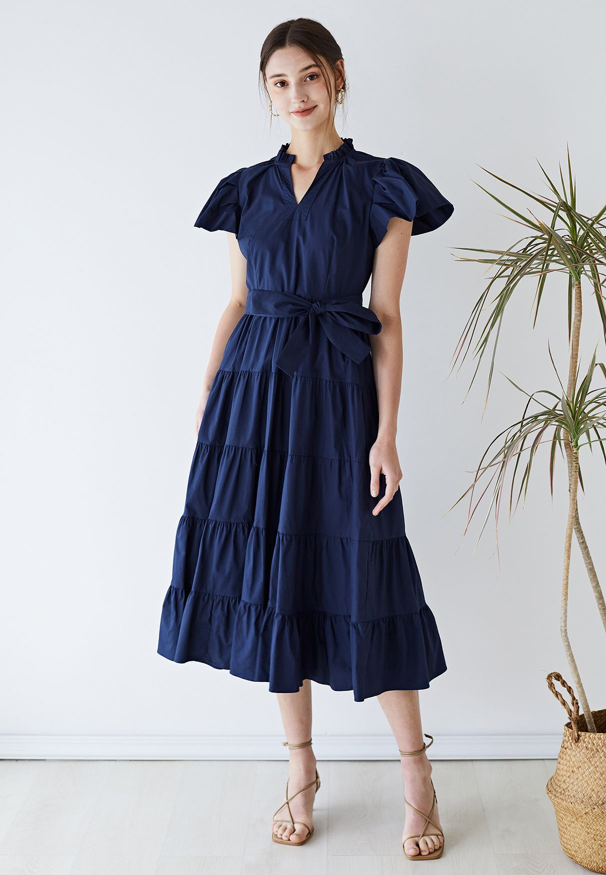 V-Neck Flutter Sleeve Ruffle Cotton Dress in Navy | Chicwish