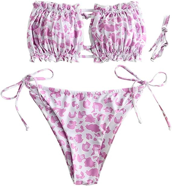 ZAFUL Women's Strapless Ribbed Tie Back Ruffle Cutout Bandeau Bikini Set Swimsuit | Amazon (US)