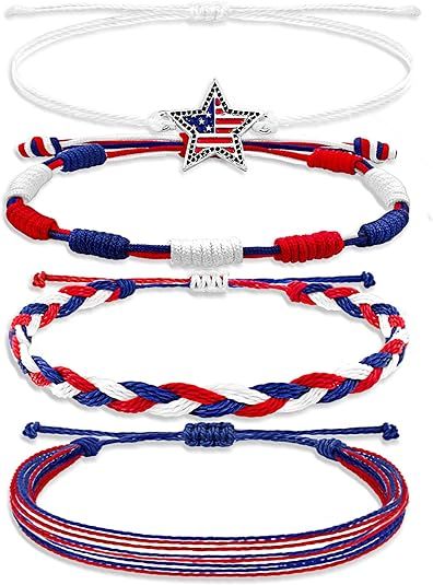 Red White and Blue String Bracelets 4th of July Bracelets Patriotic Party Favors Bracelets Adjust... | Amazon (US)