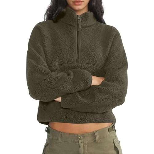 Sherpa Half Zip Pullover Women Cropped Fleece Jacket Long Sleeve Warm Oversized Workout Crop Sweatshirts with Pockets 1/4 Oversized Soft Cozy Sweaters Trendy Cute Comfort Fleece Hoodie Army Green | Amazon (US)