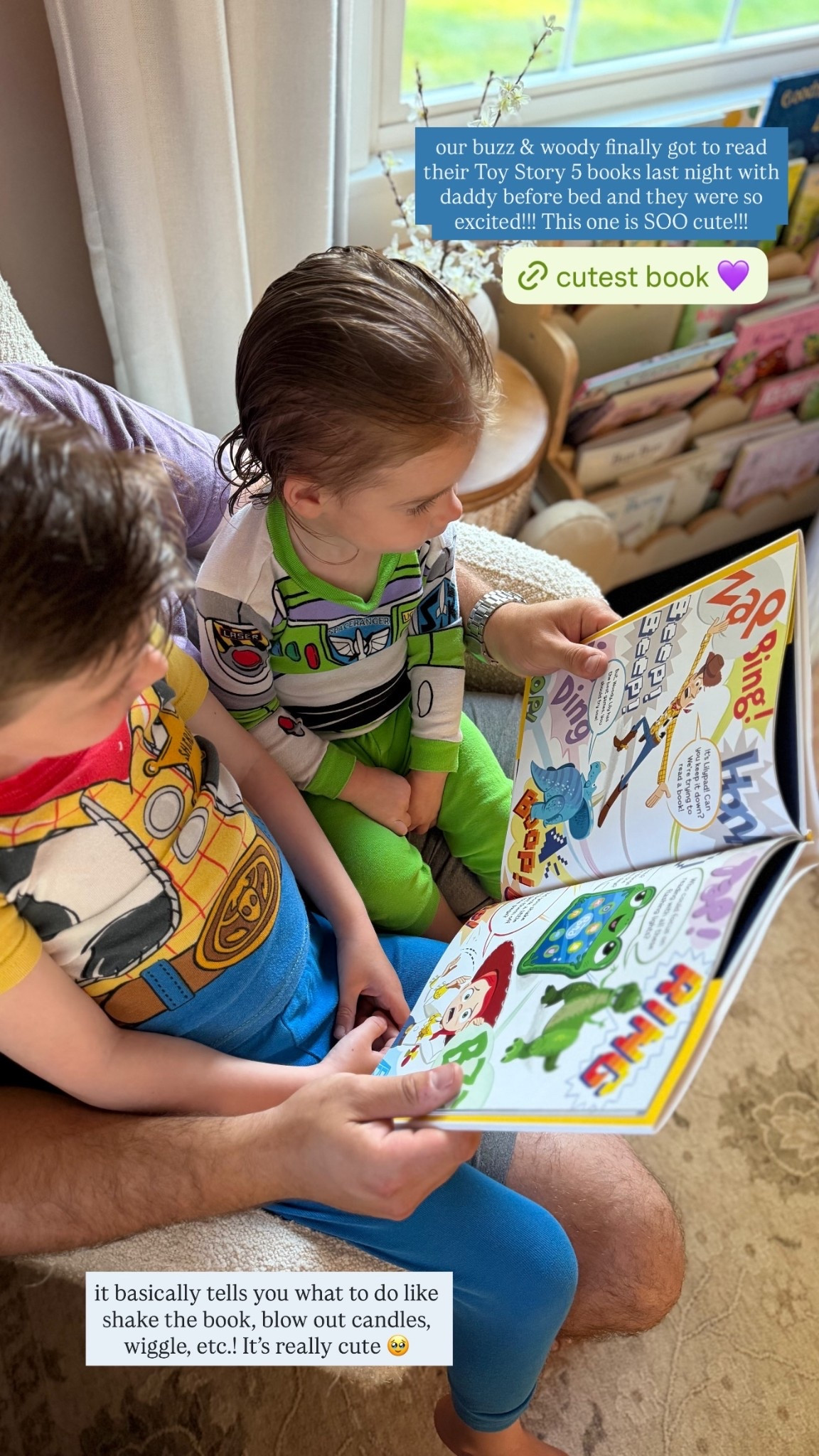 our buzz & woody finally got to read their Toy Story 5 books last night with daddy before bed and they were so excited!!! This one is SOO cute!!! it basically tells you what to do like shake the book, blow out candles, wiggle, etc.! It’s really cute 🥹