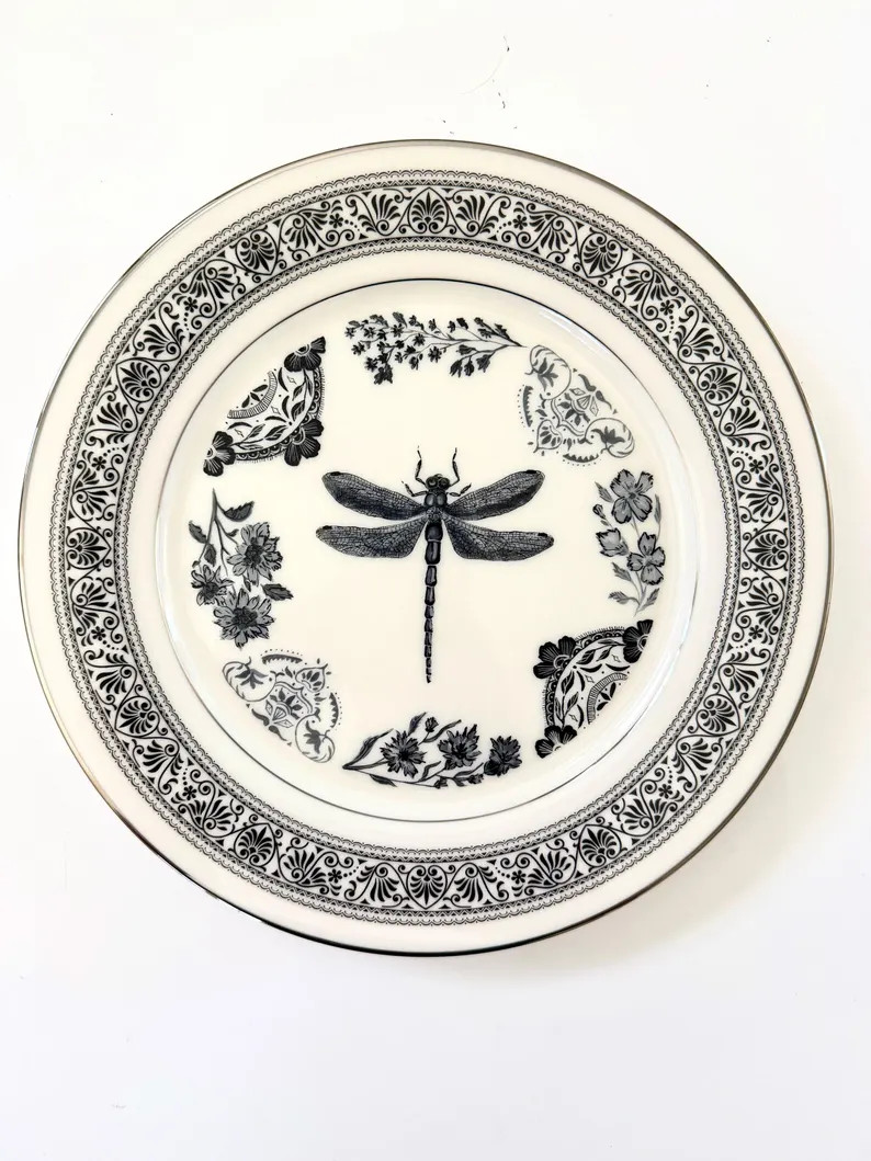 Dragonfly Decal Curiosity Plate | Vintage-Inspired Decorative Decal Plate with Black and White Dr... | Etsy (Global)