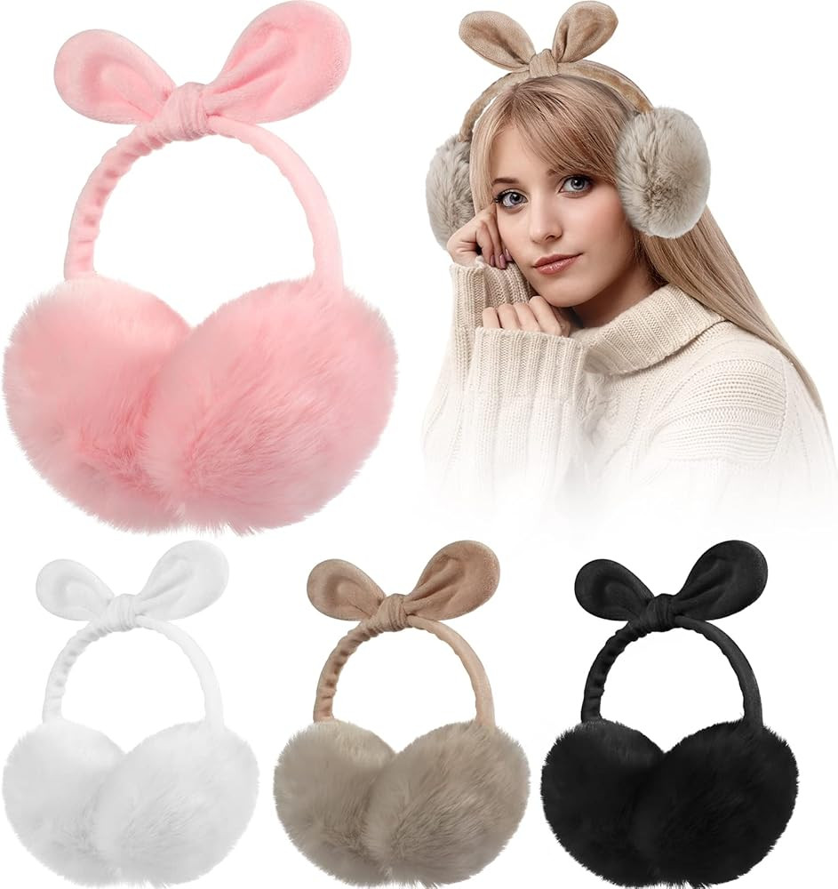 JaGely 4 Pieces Winter Ear Muffs Cute Bow Faux Fur Ear Warmers Ski Adjustable Covers Outdoor Fuzz... | Amazon (US)