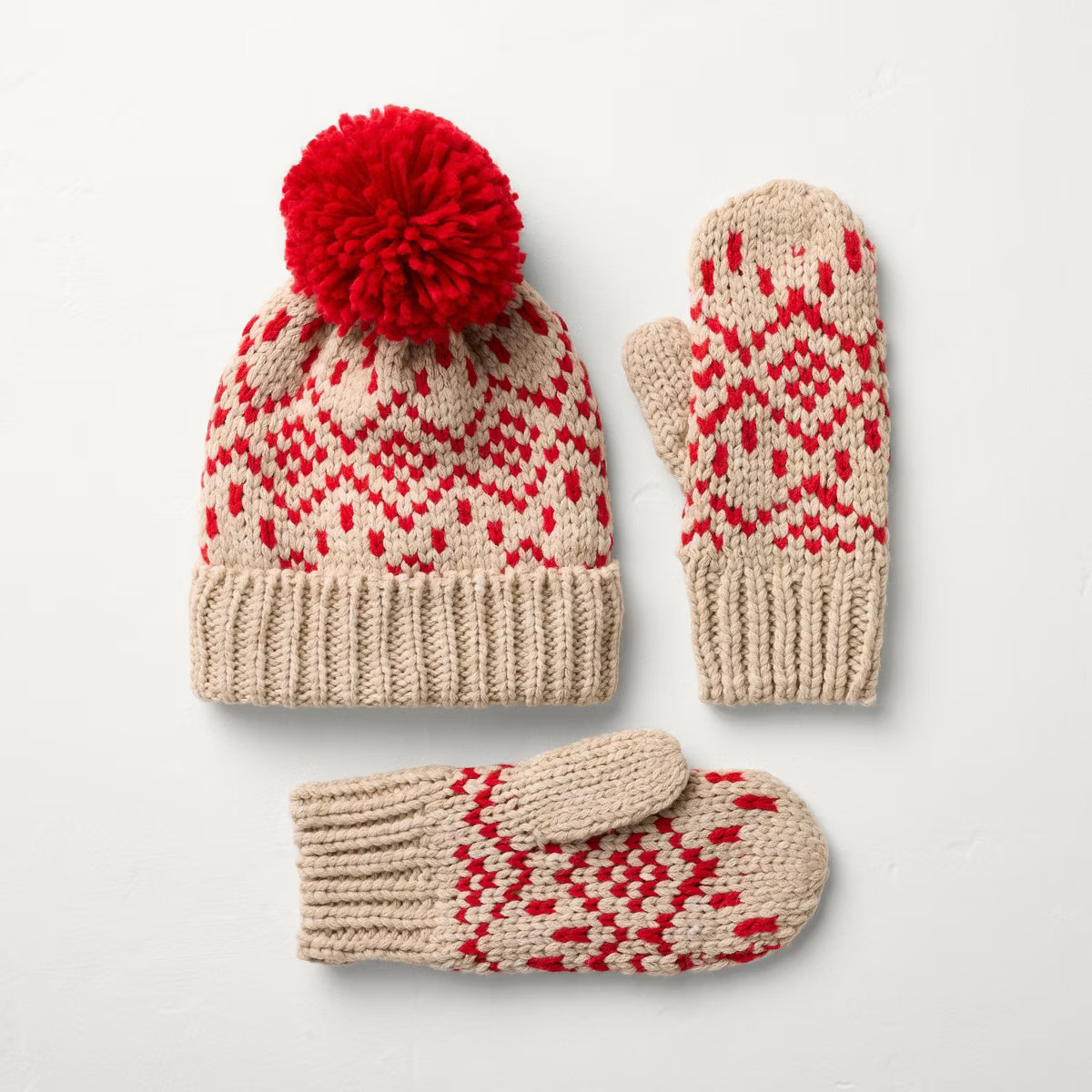 Women's Fair Isle Knit Beanie and Mitten Set 3pc - Hearth & Hand™ with Magnolia Red/White OSFM | Target