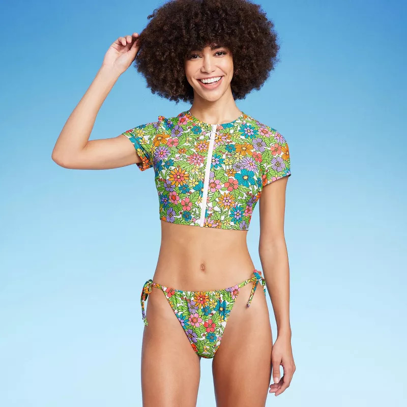 Women's Short Sleeve Zip Front Rashguard - Wild Fable™ Tropical Print | Target