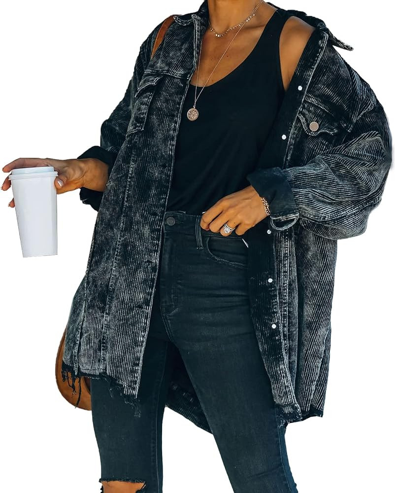 Kissonic Women's Oversized Long Sleeve Button Up Frayed Corduroy Shirt Jacket Shacket (Black, X-L... | Amazon (US)