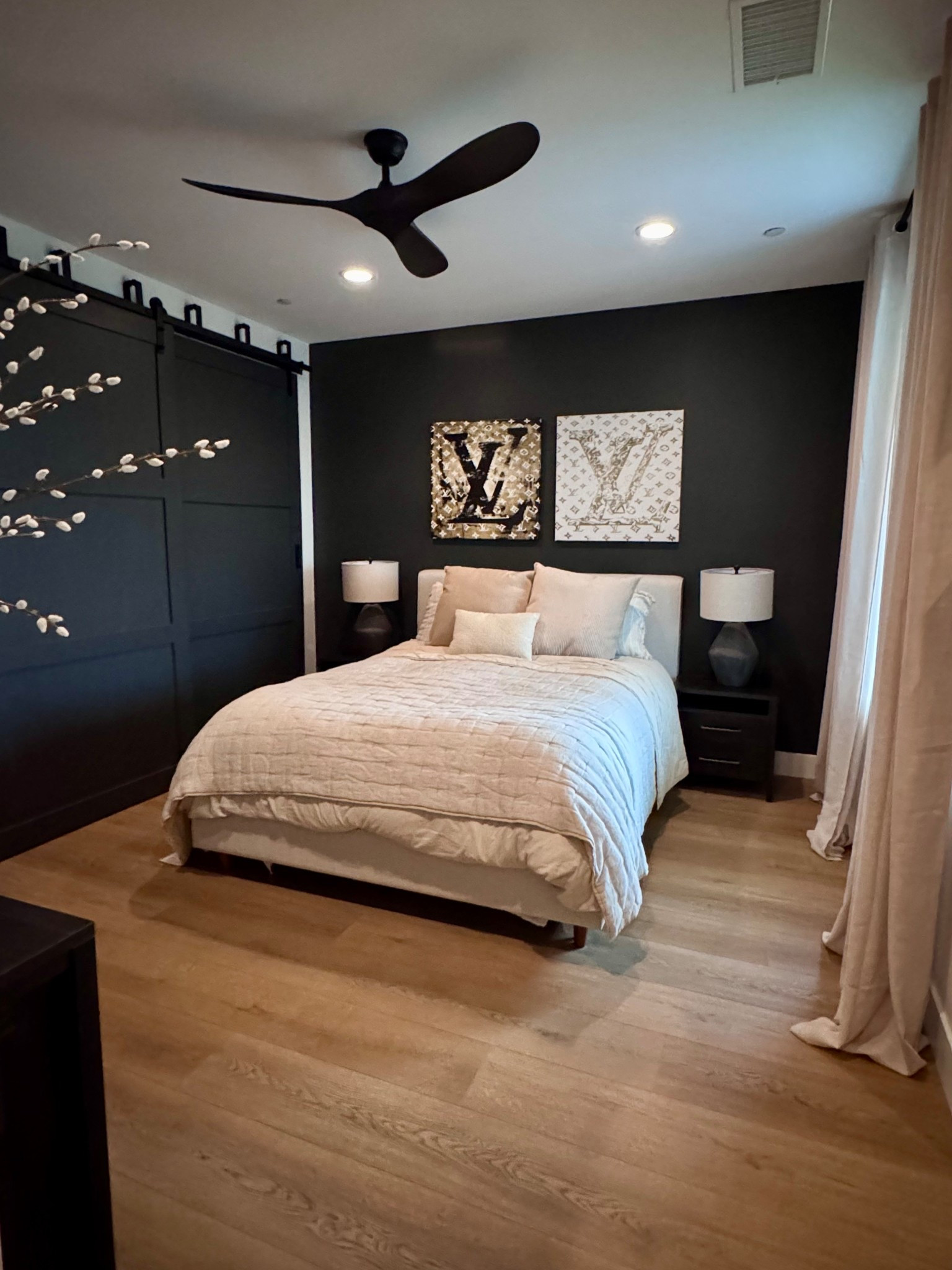 Guest bedroom | design room | black | beige | comforter | bedding | bed frame | nightstands | pillows 

#LTKU #LTKHome #LTKMidsize