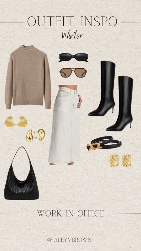 90s Hair, Layered Hair, Blowout, Work wear, Work Outfit, neutral sweater, white denim skirt, chunky winter sweater, black calf high boots, black skinny belt, chunky gold earrings, black handbag, retro sunglasses, black oval sunglasses, rectangle sunglasses, neutral work outfit 

#LTKworkwear #LTKSeasonal #LTKstyletip