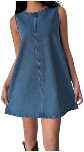 Milumia Women's Bow Tie Back Denim Sundress Crew Neck Sleeveless Flared Short Dresses | Amazon (US)