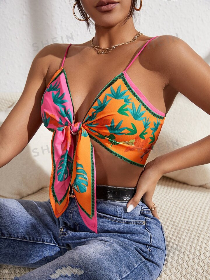 SHEIN SXY Plants Knot Front Crop Cami Top | SHEIN