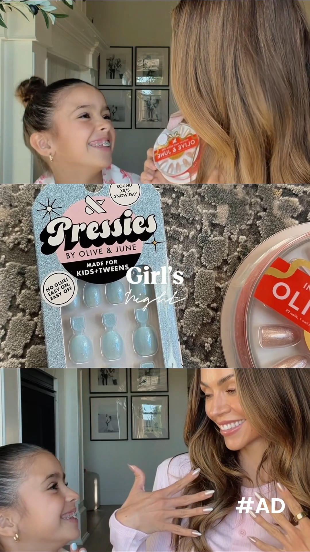 #ad Girl’s night means mani in minutes with @oliveandjune @target ! 💅 ✨ The easiest press-on mani that can be done in minutes! (Mine are the ALMOND MEDIUM GOLDEN AURORA VELVET + Tatum’s are the ROUND XS/S SNOW DAY ❄️  ) #ad #oliveandjunepartner #diynails #diymani #targetpartner #target @Shop.LTK #liketkit 