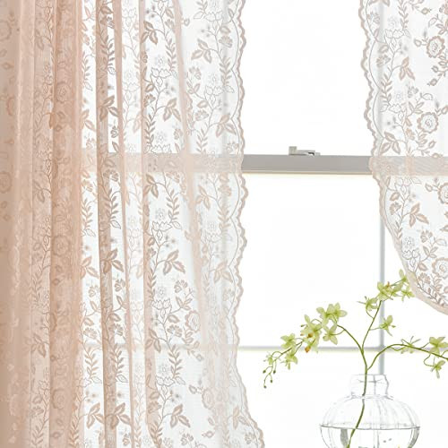 FINECITY Pink Lace Curtains 63 Inch Length for Girls Room Coquette Curtains Floral Patterned Sheer Lace Curtains 2 Panels Set, Privacy Scalloped Lace Window Curtains, 52 x 63 Inch, Blush Pink | Amazon (US)