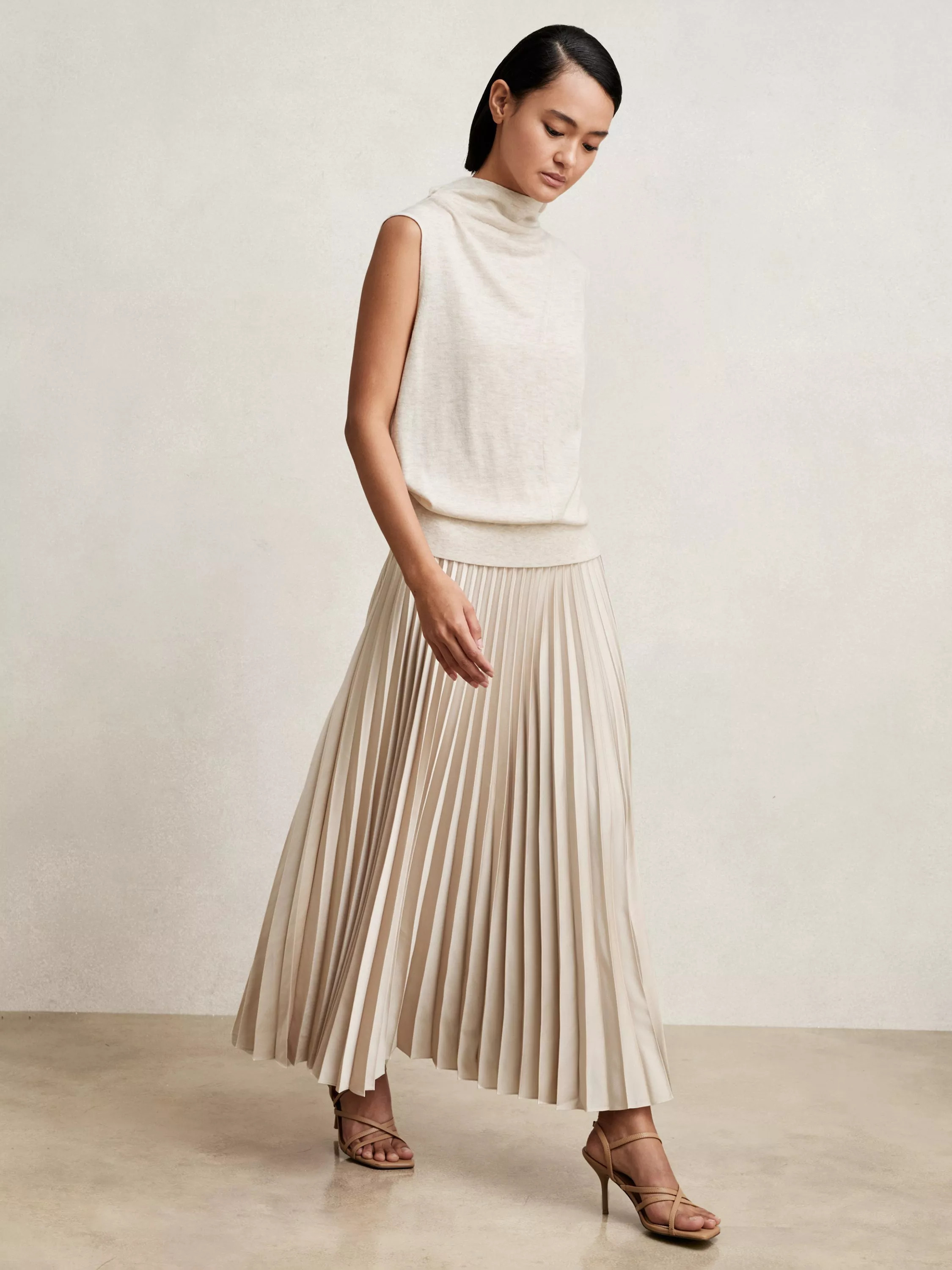 Reiss Petite Seren Pleated Skirt, Champagne Neutral | John Lewis (UK)