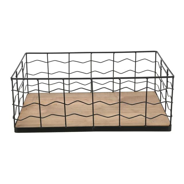 Mainstays Decorative Black Wire Basket with Wood Board Base, 15.75” L x 9.45” W x 5.91” H | Walmart (US)