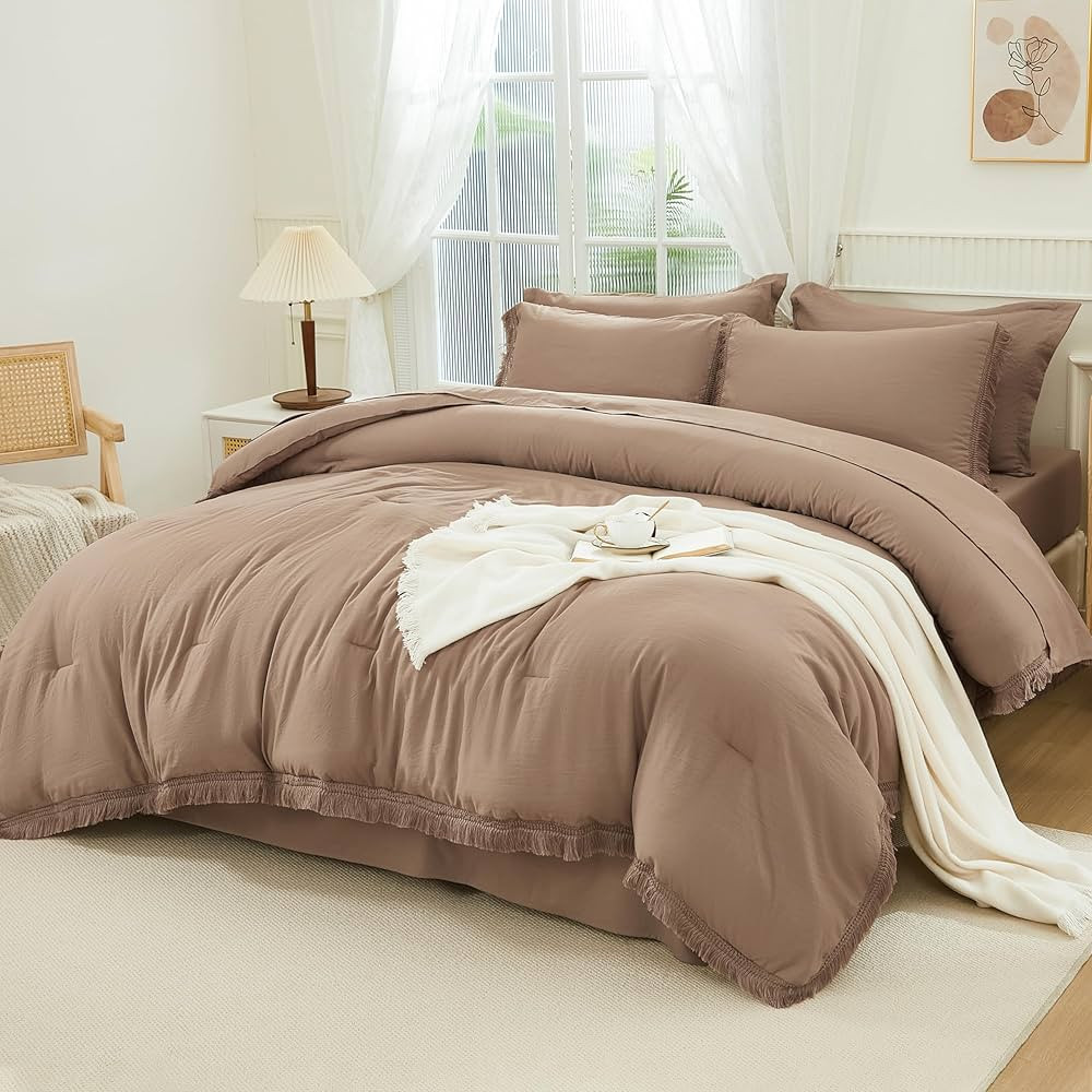 Andency Taupe California King Size Comforter Set with Sheets - 7 Pieces Boho Tassel Bed in a Bag ... | Amazon (US)