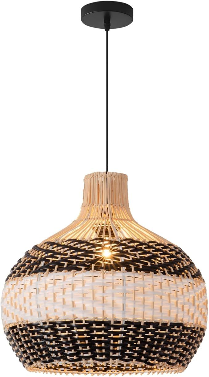 Faux Rattan Pendant Light 15.74" Black White Hand-Woven Basket Chandelier,for Living Room Bedroom... | Amazon (US)