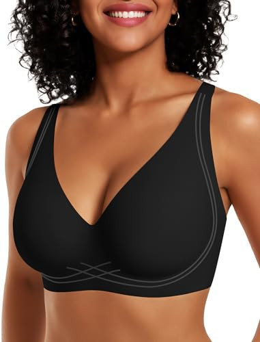 OEAK Womens Comfortable Deep V Bras Wireless Push Up Seamless Full Coverage Bralettes Supportive Bra Raceback Tshirt Bras Black,2XL | Amazon (US)