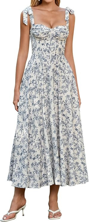 Parthea Summer Floral Corset Midi Dress A Line Tie Bow Straps Wedding Guest Dresses for Women | Amazon (US)