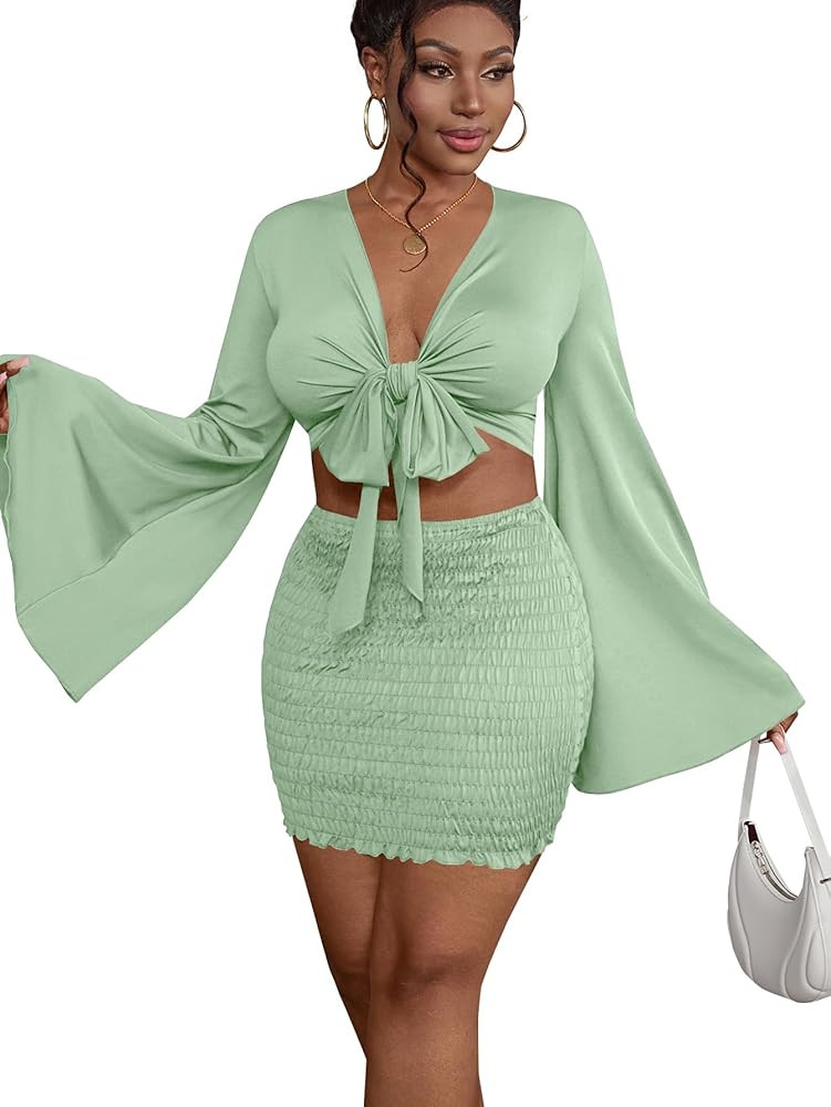 LYANER Women's 2 Piece Outfits Tie Knot Front Bell Long Sleeve Crop Top and Mini Skirt Set | Amazon (US)