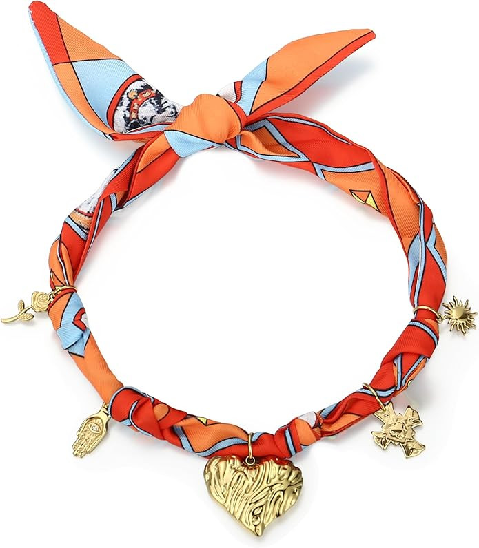 Scarf Necklace with Charm, Bandana Necklace with Gold Dainty Pendants - Chunky Cross, Heart, Flow... | Amazon (US)