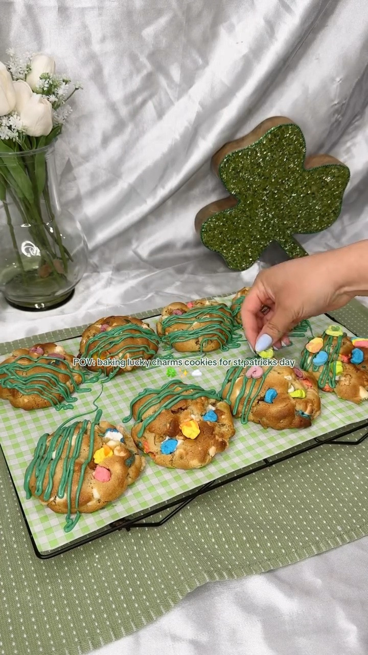 Happy St. Patrick’s Day! I make these lucky charms cookies every year and they always are a hit. They taste like one of those cereal bars but in a cookie form. 
.
Recipe and Tutorial coming tomorrow!
. 
#luckycharmcookies #cerealcookies #recipe #baking #stpatricksday